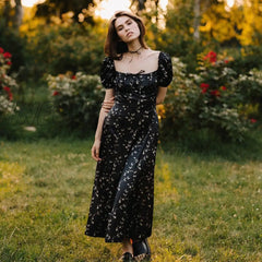 Summer Floral Off Shoulder Puff Sleeve Maxi Dress For Woman Robe Sexy Lace Up Side Split Chic