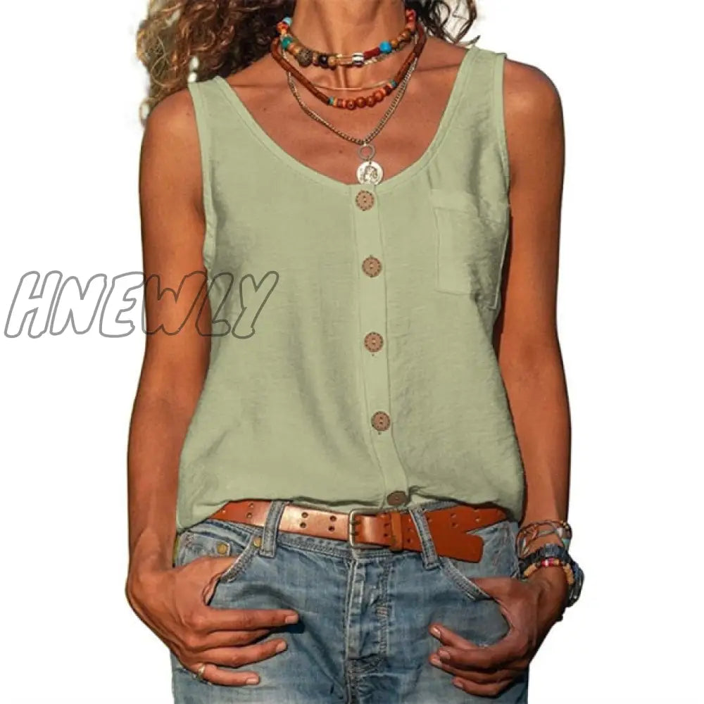 Summer New Solid Color V - Neck Vest Button Sleeveless Pocket Tank Top Office Lady Commuter T -