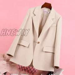 Surufeng Autumn Chic Solid Color Elegant Apricot Blazer Women Jacket Ladies Single Button Loose V -