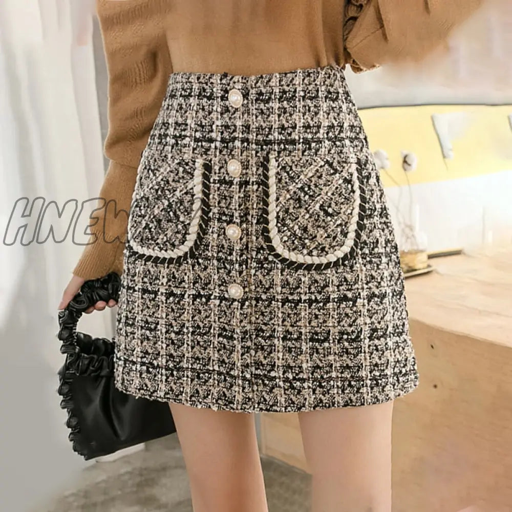 Tweed Skirts Women Autumn Winter Pearl Button Mini Pencil Plaid Wool Korean High Waist Elegant