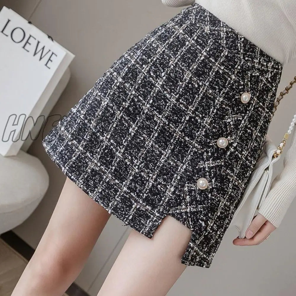 Tweed Skirts Women Autumn Winter Pearl Button Mini Pencil Plaid Wool Korean High Waist Elegant