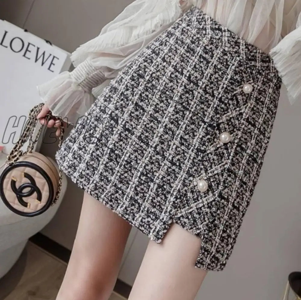 Tweed Skirts Women Autumn Winter Pearl Button Mini Pencil Plaid Wool Korean High Waist Elegant