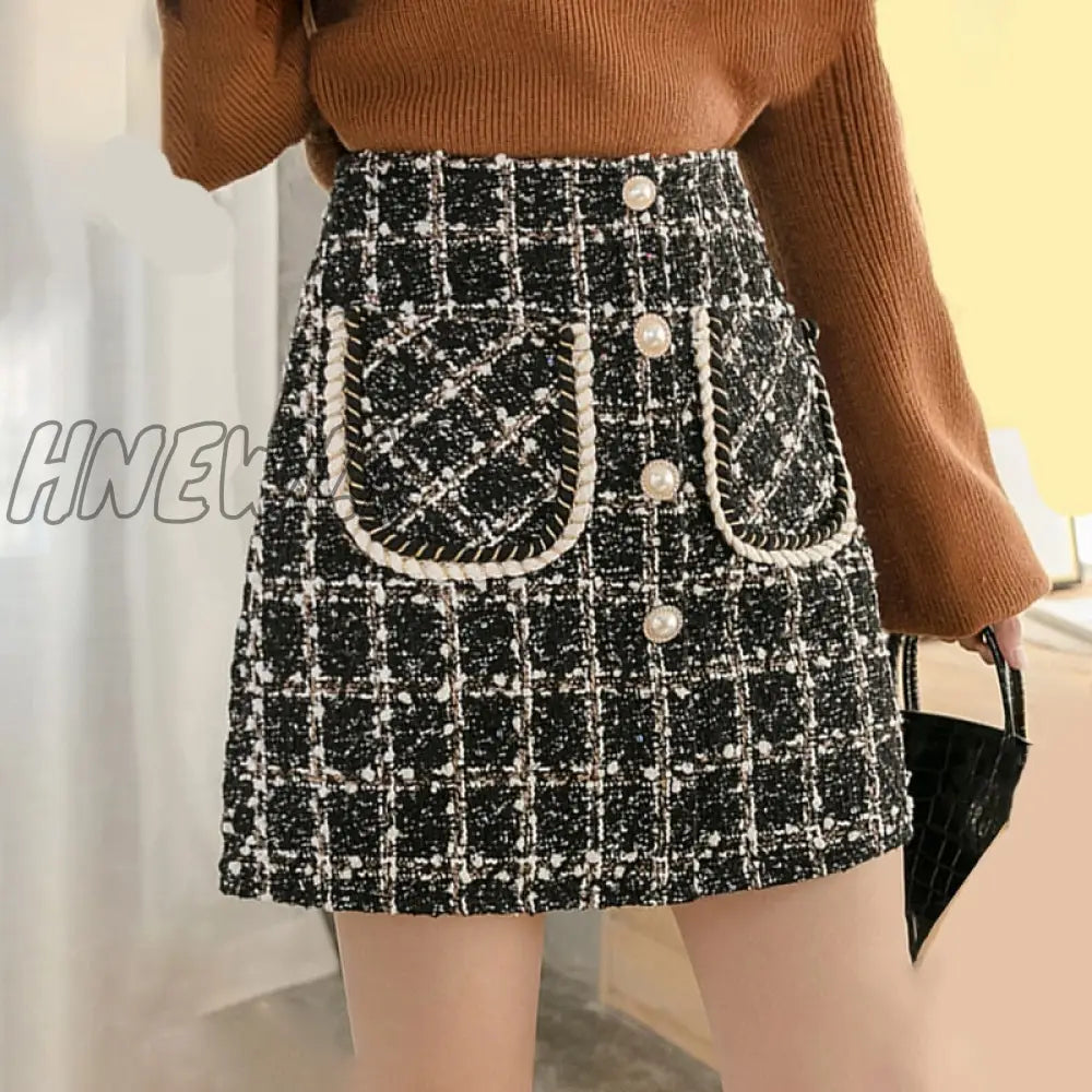 Tweed Skirts Women Autumn Winter Pearl Button Mini Pencil Plaid Wool Korean High Waist Elegant