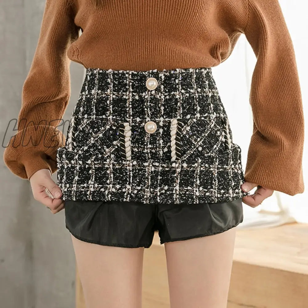 Tweed Skirts Women Autumn Winter Pearl Button Mini Pencil Plaid Wool Korean High Waist Elegant