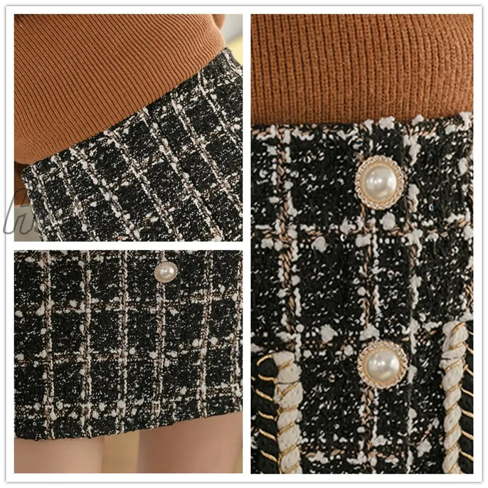 Tweed Skirts Women Autumn Winter Pearl Button Mini Pencil Plaid Wool Korean High Waist Elegant