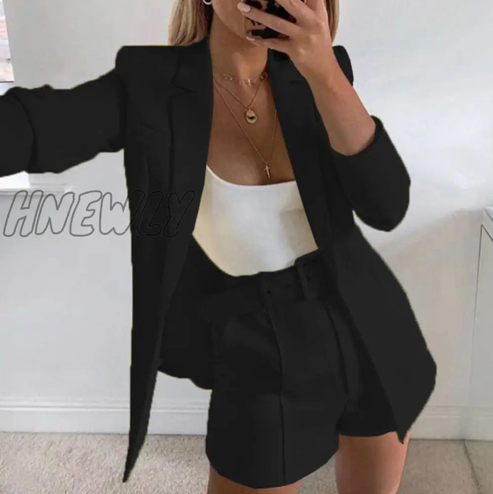 Two Piece Blazer Suit Women Office Sets Autumn Long Sleeve Cardigan Shorts Solid 2 Set Lady Casual