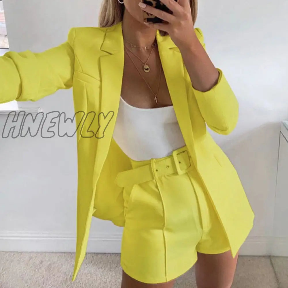 Two Piece Blazer Suit Women Office Sets Autumn Long Sleeve Cardigan Shorts Solid 2 Set Lady Casual