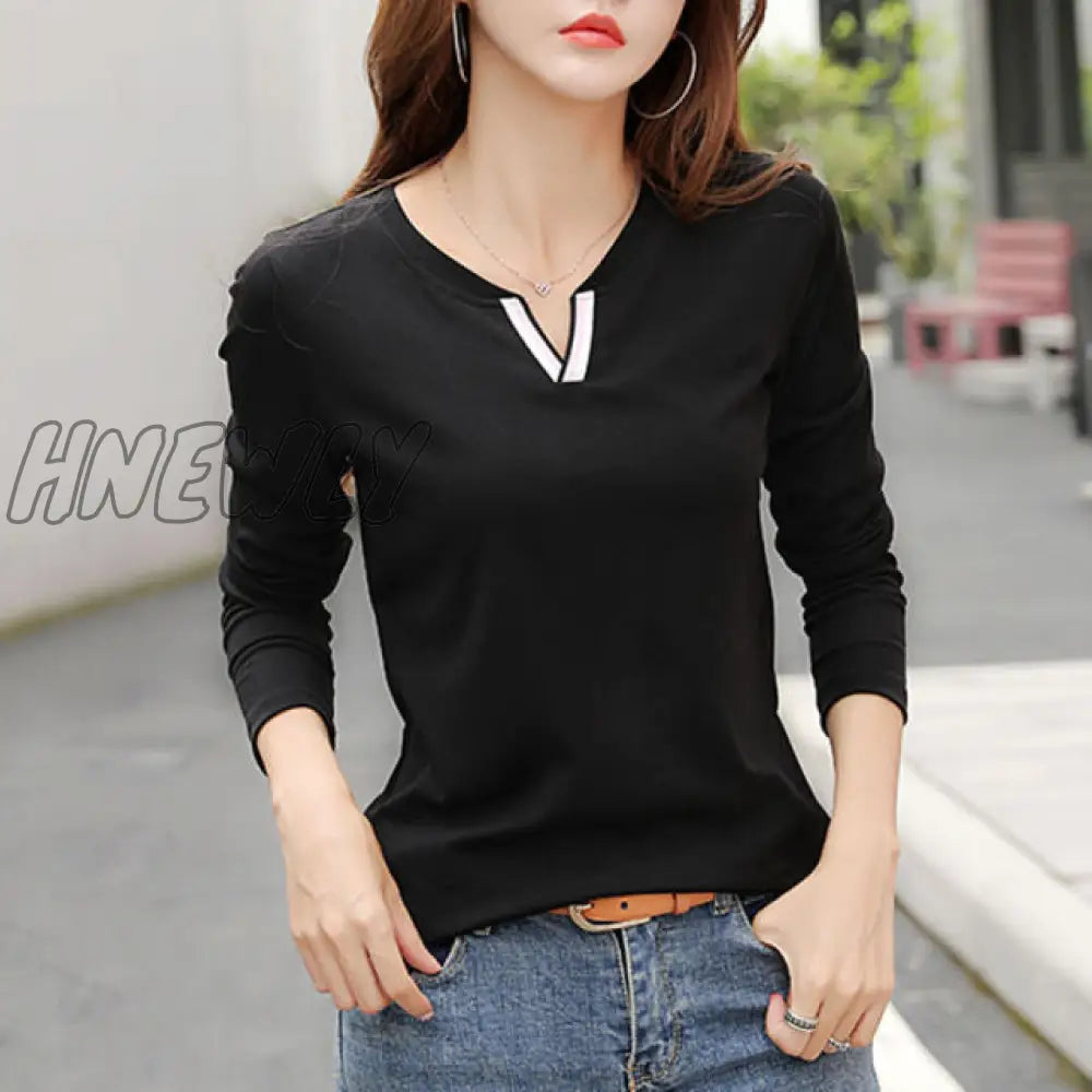 V Neck 100% Cotton T Shirt Woman Spring Fashion Long Sleeve Women’s T - Shirt Loose Korean Style