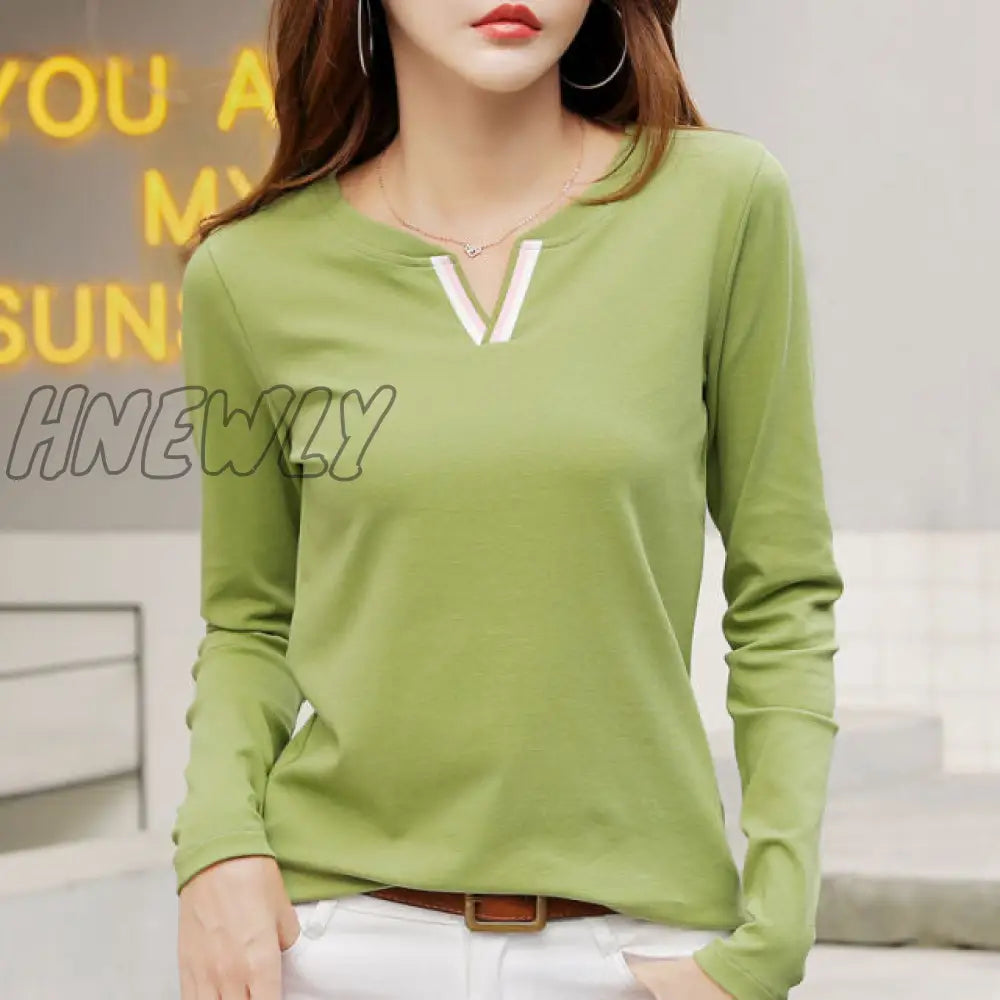 V Neck 100% Cotton T Shirt Woman Spring Fashion Long Sleeve Women’s T - Shirt Loose Korean Style