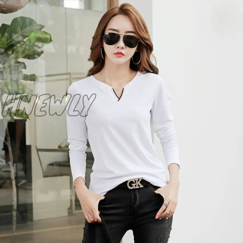 V Neck 100% Cotton T Shirt Woman Spring Fashion Long Sleeve Women’s T - Shirt Loose Korean Style