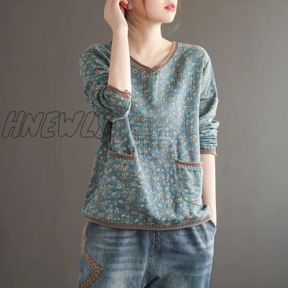 Vintage T Shirt Women Long Sleeve Cotton Linen Stitch V Neck Loose Tee Autumn Clothes Basic Tshirt