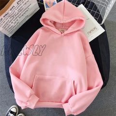 Women Harajuku Solid Oversized Hoodies Autumn Winter Basic Long Sleeve Loose Pullover Tops Hooded