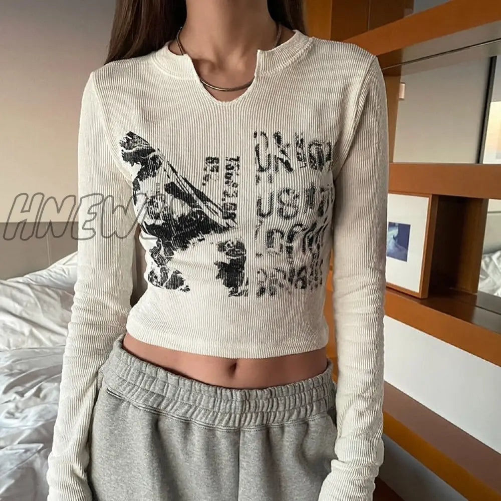 Women Knitted Crop Top Vintage Aesthetic Letter Printed Long Sleeve T - Shirts Sexy Slim Fit Tee