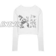 Women Knitted Crop Top Vintage Aesthetic Letter Printed Long Sleeve T - Shirts Sexy Slim Fit Tee