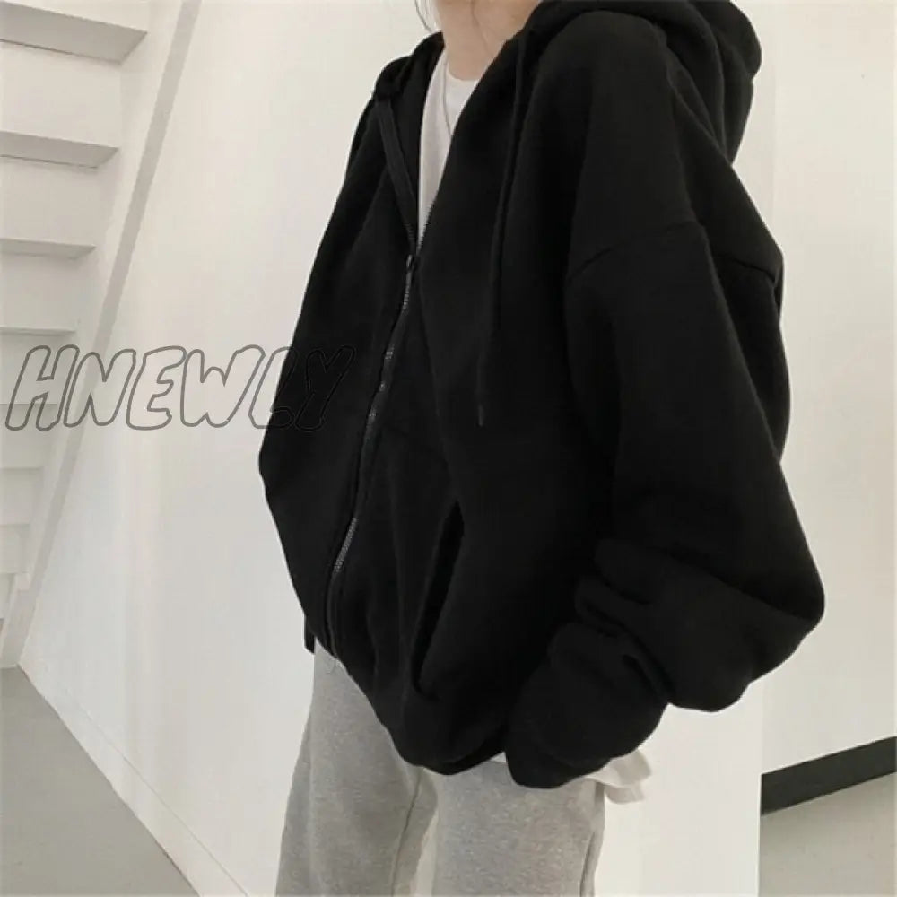 Women Korean Version Loose Hoodies Long Sleeve Zip Up Solid Pocket Oversized Sweatshirts Female