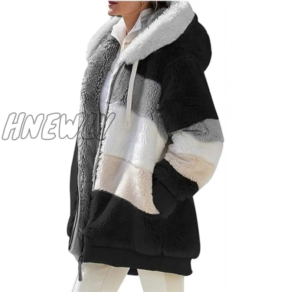 Women Warm Hooded Jacket Winter Zipper Casual Patchwork Loose Coat Fashion Faux Fur Parka Fleece