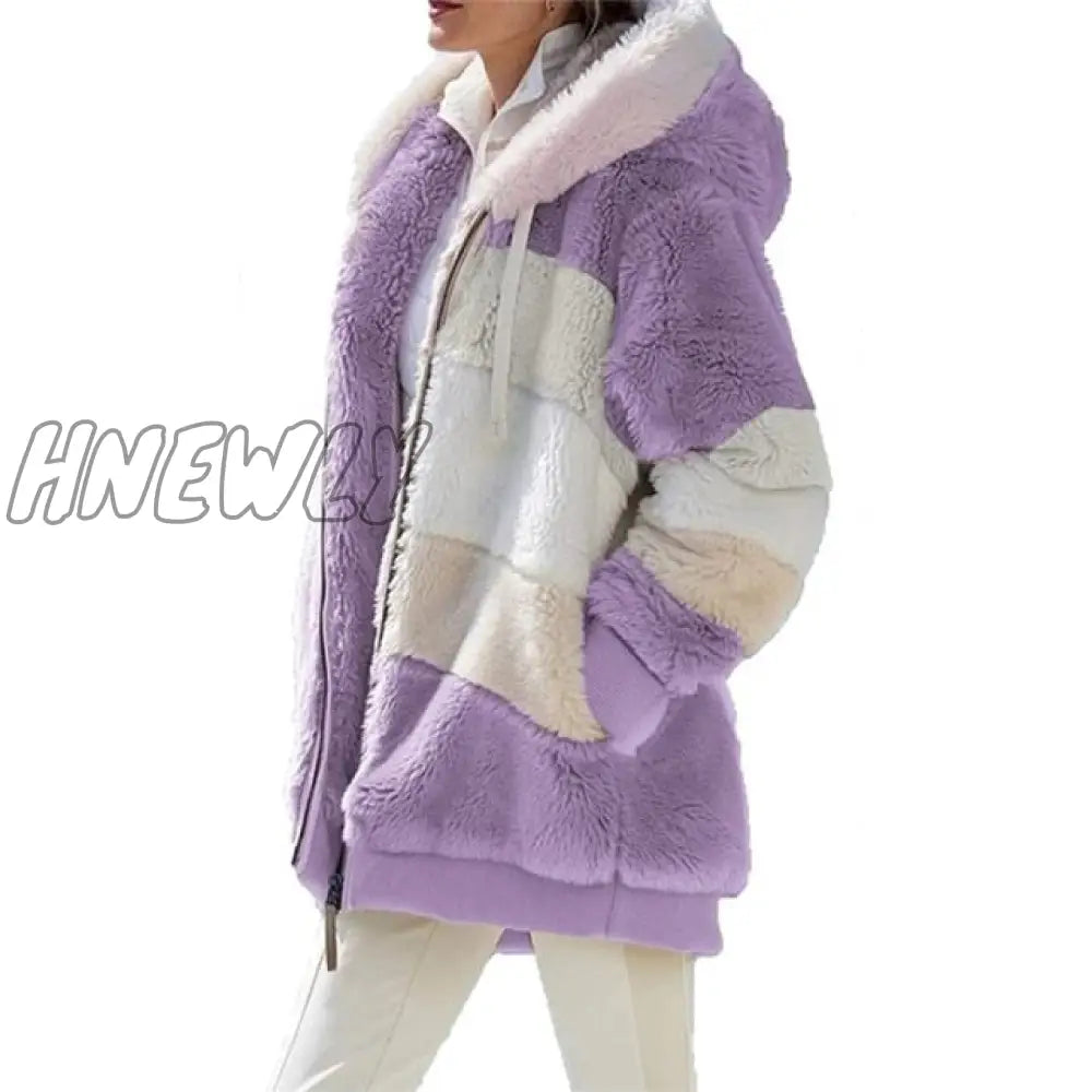 Women Warm Hooded Jacket Winter Zipper Casual Patchwork Loose Coat Fashion Faux Fur Parka Fleece