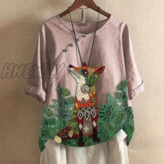 Womens Fox Printed Shirt Lady Loose Blouse Single - Breasted Casual Buttontop Linen Plus Size Boho