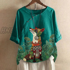 Womens Fox Printed Shirt Lady Loose Blouse Single - Breasted Casual Buttontop Linen Plus Size Boho