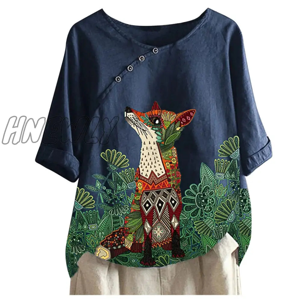 Womens Fox Printed Shirt Lady Loose Blouse Single - Breasted Casual Buttontop Linen Plus Size Boho