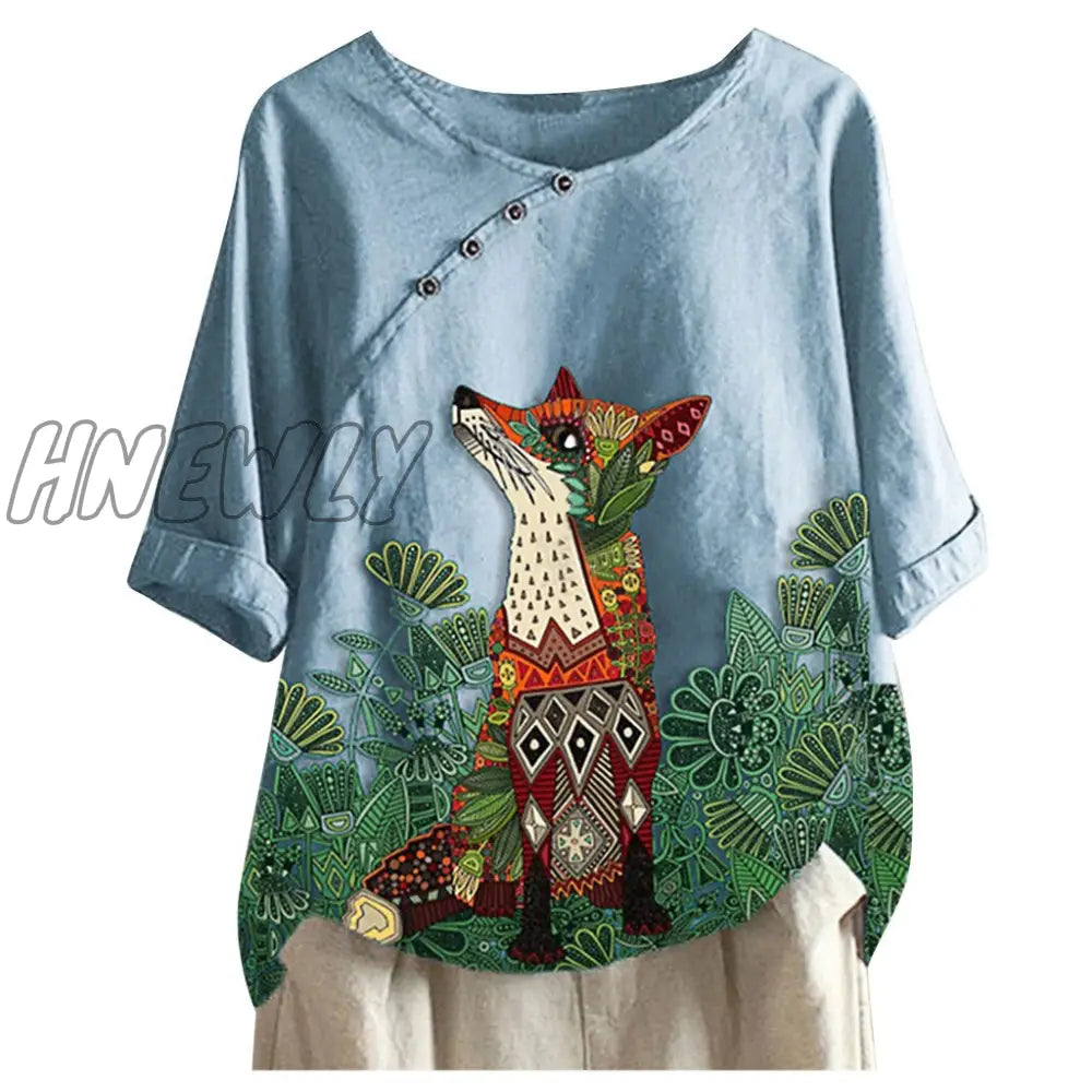 Womens Fox Printed Shirt Lady Loose Blouse Single - Breasted Casual Buttontop Linen Plus Size Boho