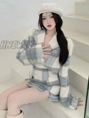 Women’s Wool Set 2 Pieces Plaid Skirt And Cropped Blazer Suits Autumn Winter Elegant Fashion High