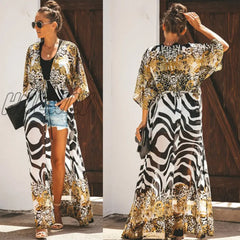 Zebra Snake Print Chiffon Beach Cover Up Tunics For Long Kaftan Beachwear Boho Chic Hippie